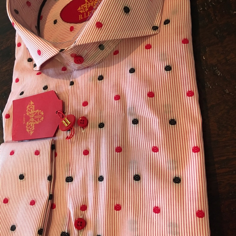 NEW Robert Lewis Dress Shirt Red/Black Polka Dots
